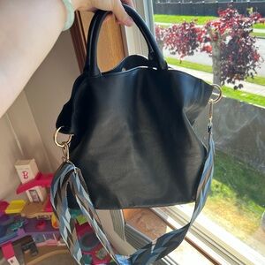 Mark and Graham Black Leather Tote Bag with blue design Detachable Strap